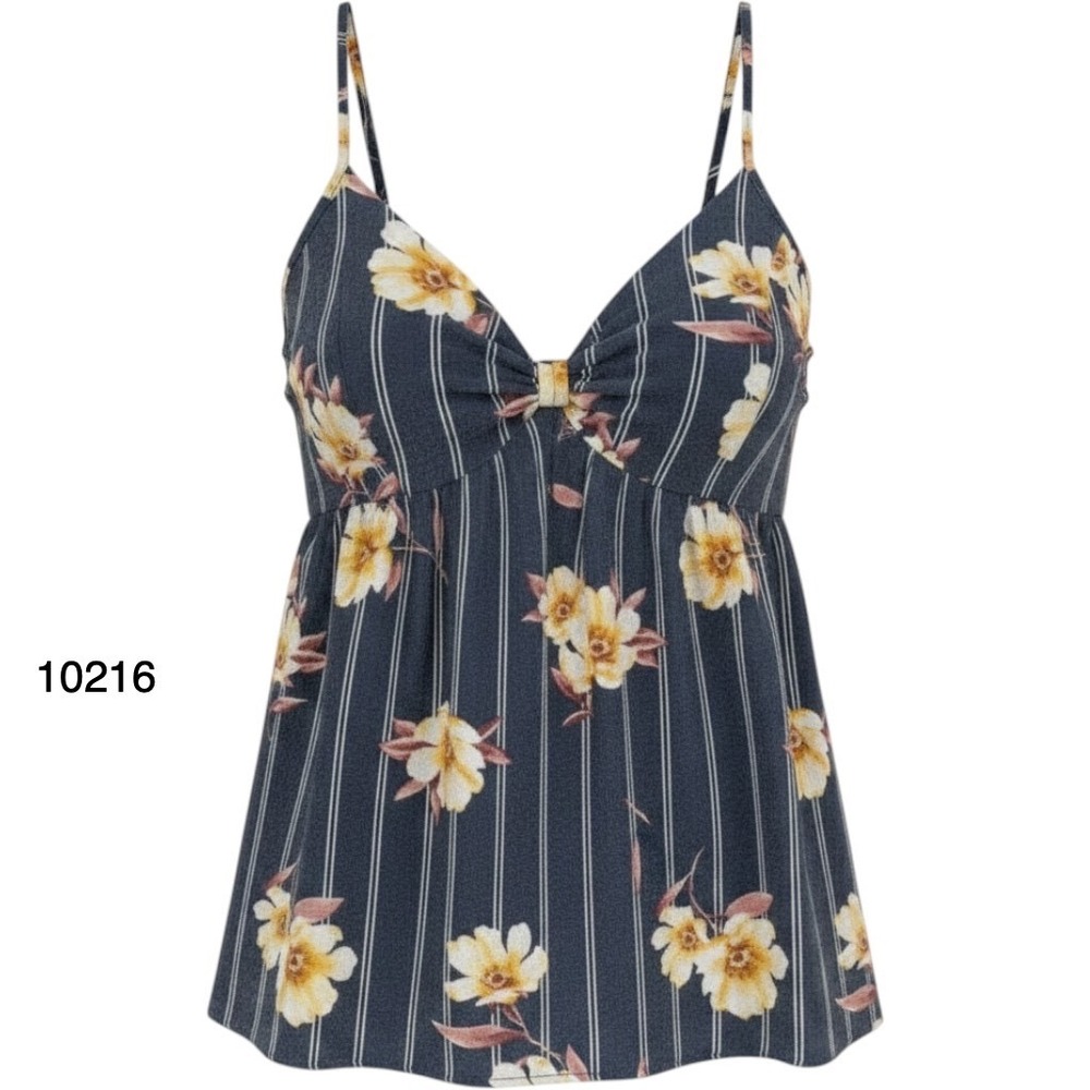 Guess Los Angeles Camisole Top Womens L Navy Blue Yellow Floral Stripe Tie Front